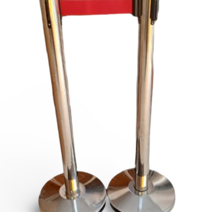Q Stand - Retractable with RED Band - Chrome Post - Sign and Display UAE