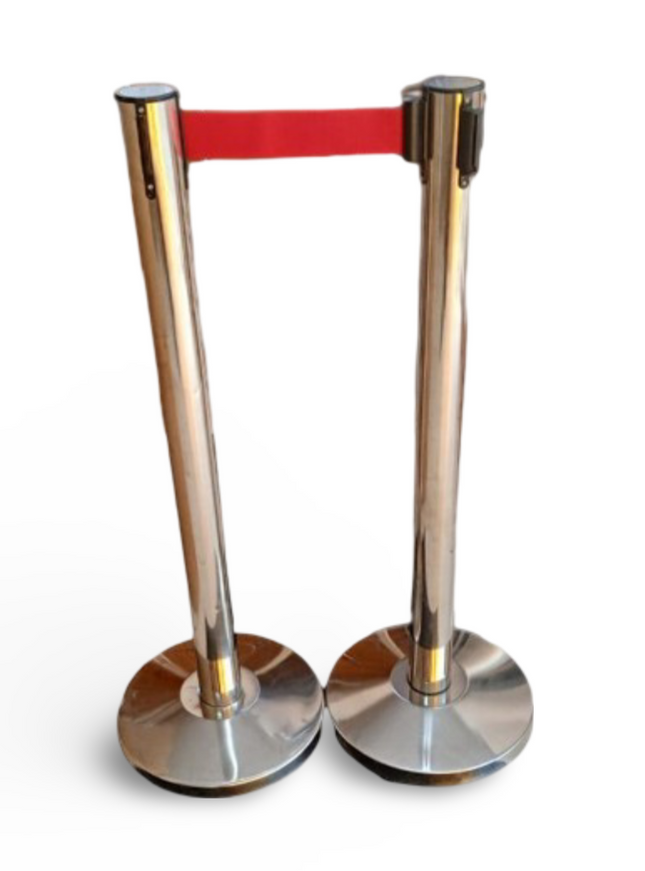 Q Stand - Retractable with RED Band - Chrome Post - Sign and Display UAE