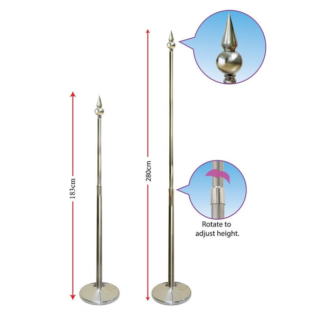 Indoor Flag Pole - Chrome Pointed top ( Adjustable 183 -280 cm) mtr f - Sign and Display UAE
