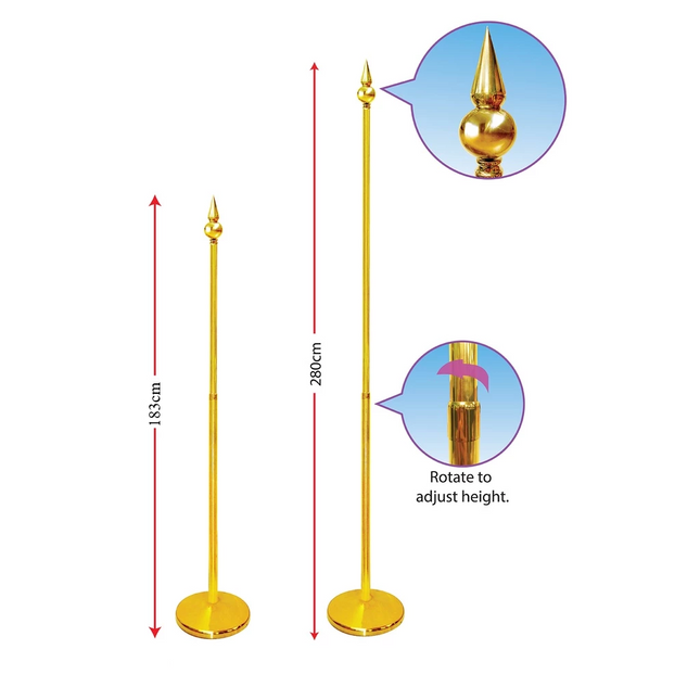 Indoor Flag Pole - GOLDEN Pointed top ( Adjustable 183 -280 cm) mtr f - Sign and Display UAE