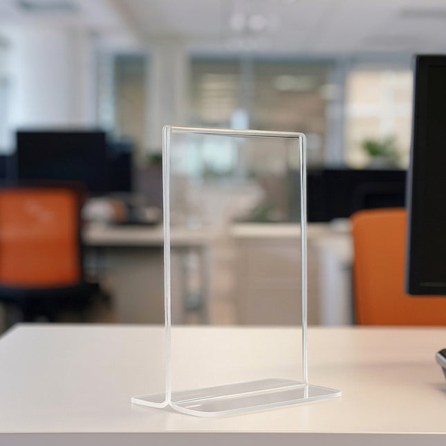 A clear acrylic vertical desk sign holder with a base, standing on a white desk in a blurred office environment.