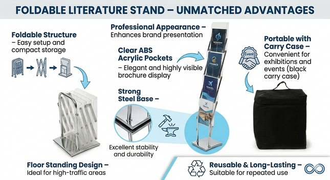 Acrylic Brochure Holder A4 -ABS clear with steel Base Floor Standing (Foldable)